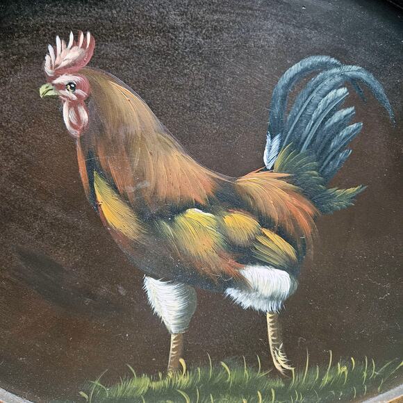 VTG Hand-Painted Primitive Rooster Oval Wood Wall Plaque Tray Platter Folk Art - Picture 6 of 8